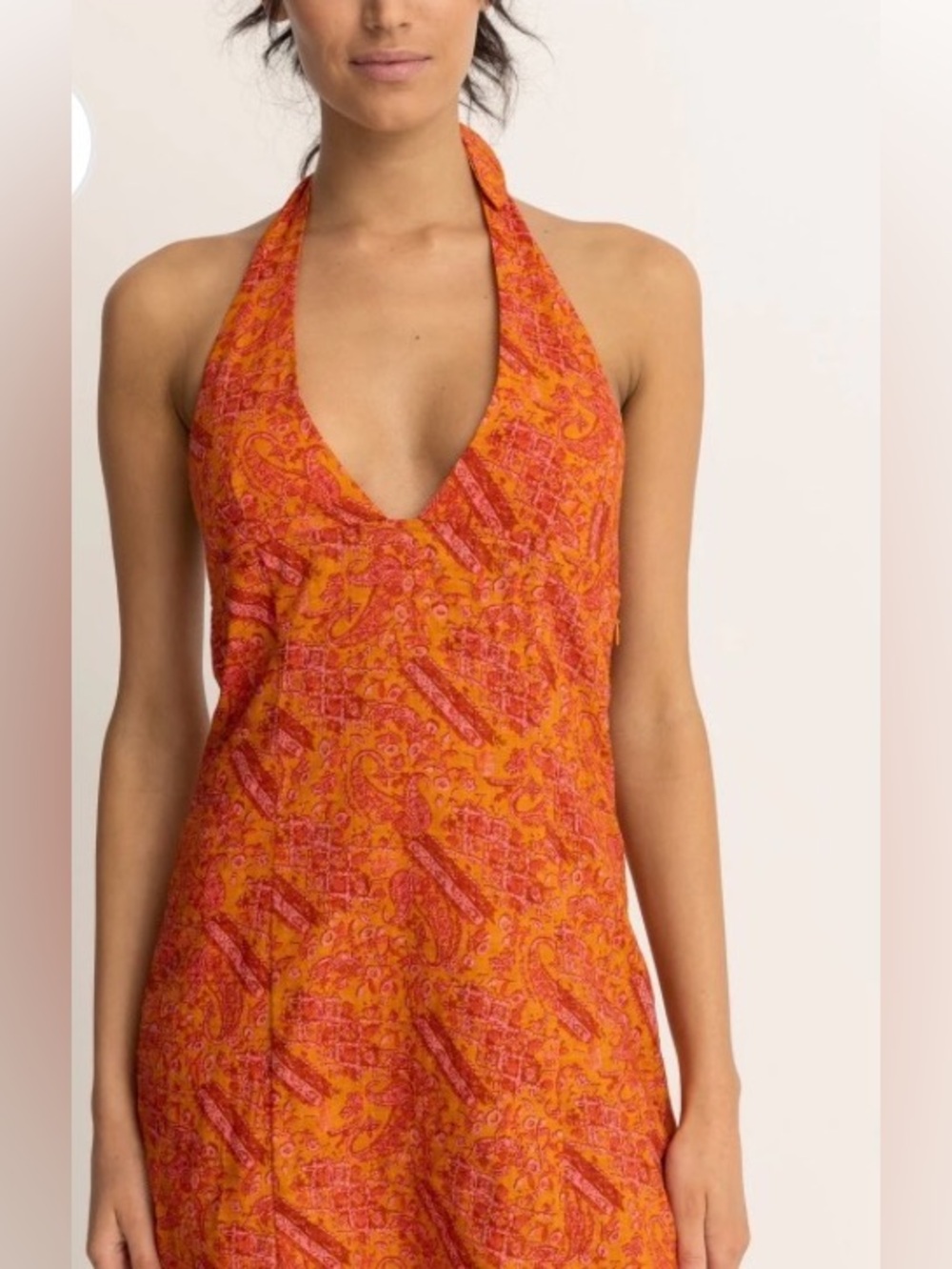 Rhythm Adia Paisley Halter Top, vibrant orange and pink paisley print mini dress